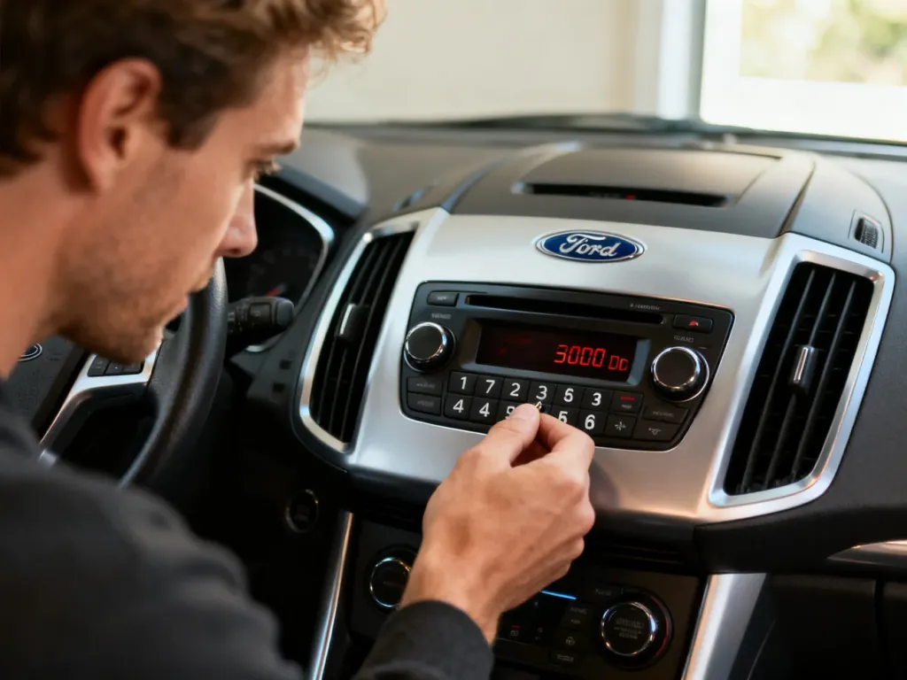 Kierowca wpisuje kod odblokowujący na panelu radia Ford 6000CD wewnątrz samochodu.