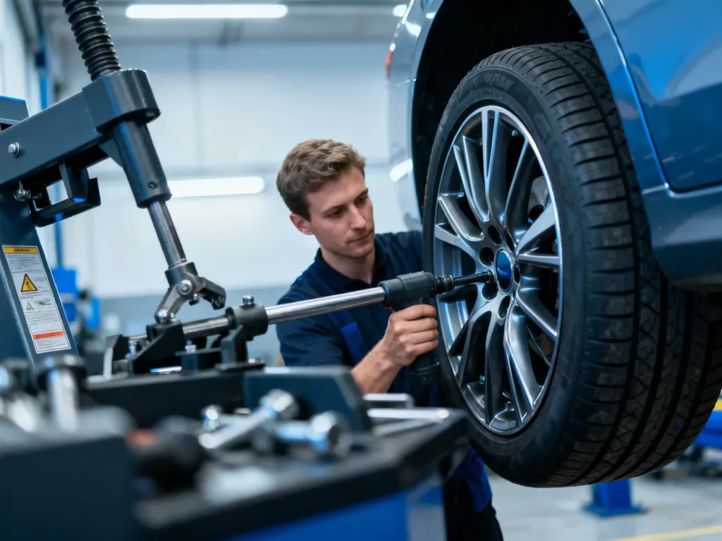 Mechanik montujący nowoczesną oponę na felgę aluminiową w profesjonalnym warsztacie samochodowym.