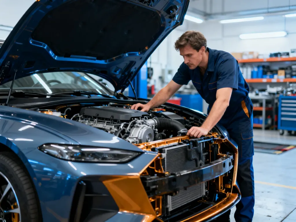 Mechanik dokonujący profesjonalnego przeglądu podwozia nowoczesnego samochodu w jasnym i czystym warsztacie.