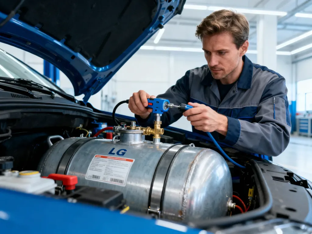 Mechanik dokonujący profesjonalnego przeglądu zbiornika LPG w bagażniku samochodu w nowoczesnym warsztacie.