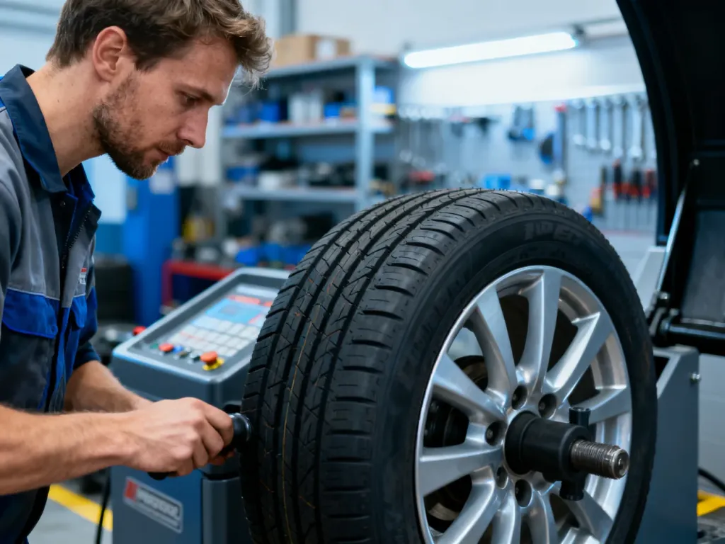 Mechanik w profesjonalnym warsztacie precyzyjnie wyważa koło samochodowe na nowoczesnej maszynie.