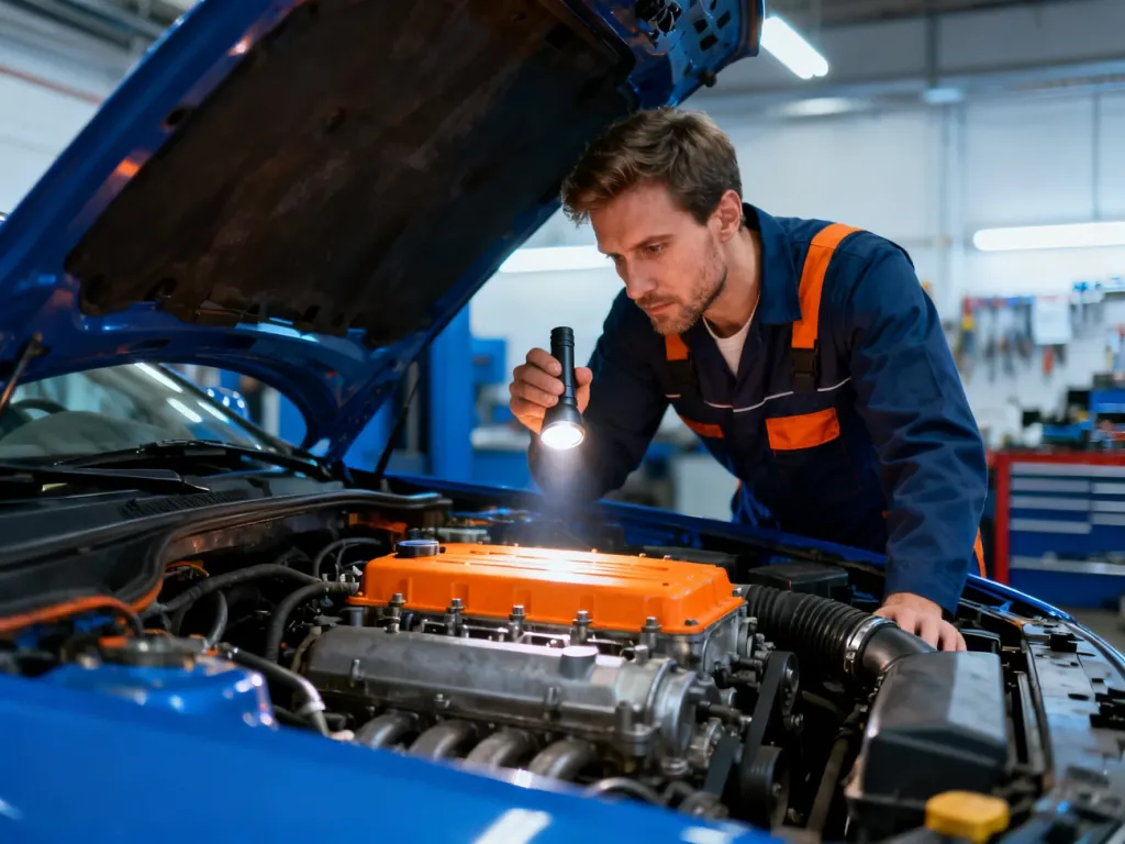 Mechanik z latarką sprawdza stan silnika w nowoczesnym warsztacie, diagnozując potencjalne awarie jednostki napędowej.