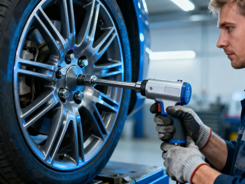 Mechanik używający klucza dynamometrycznego do precyzyjnego dokręcania śruby koła w samochodzie.