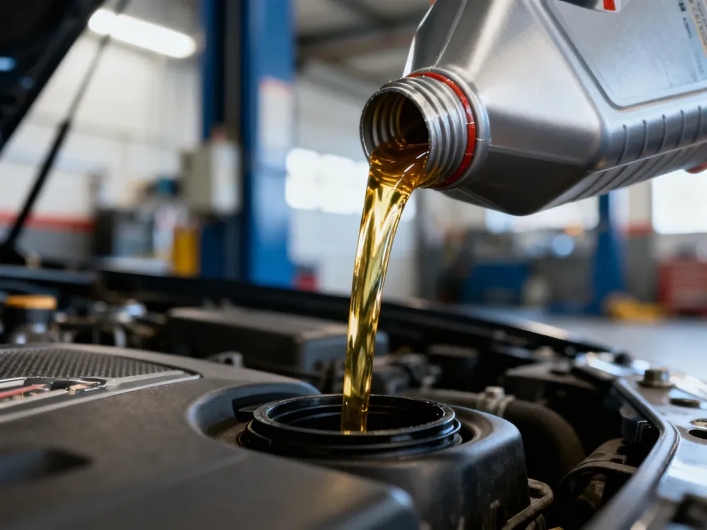 Złocisty olej silnikowy wlewany z metalowej bańki do silnika samochodu w profesjonalnym warsztacie.