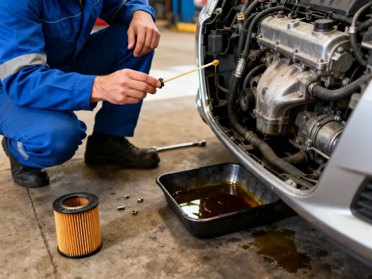 Mechanik sprawdzający poziom oleju przy silniku samochodu