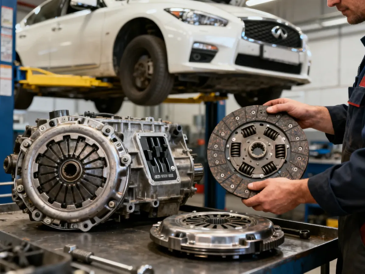 Mechanik oceniający elementy sprzęgła i koło dwumasowe przy zdemontowanej skrzyni biegów