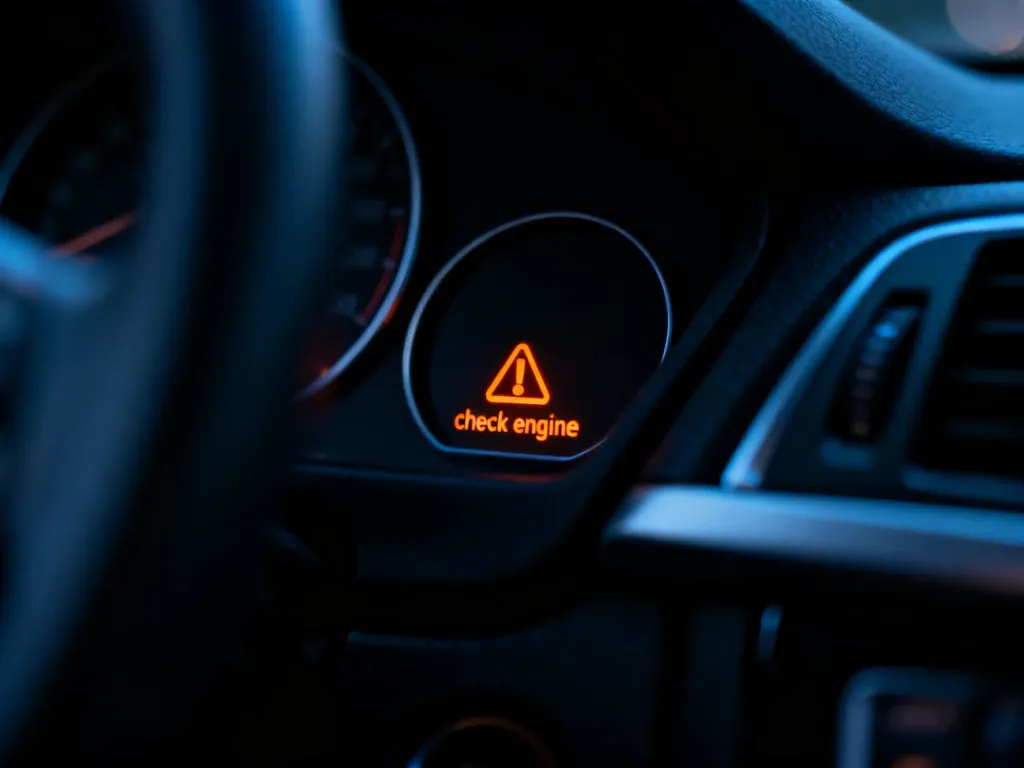 Świecąca na pomarańczowo kontrolka „check engine” na desce rozdzielczej samochodu w nocy.
