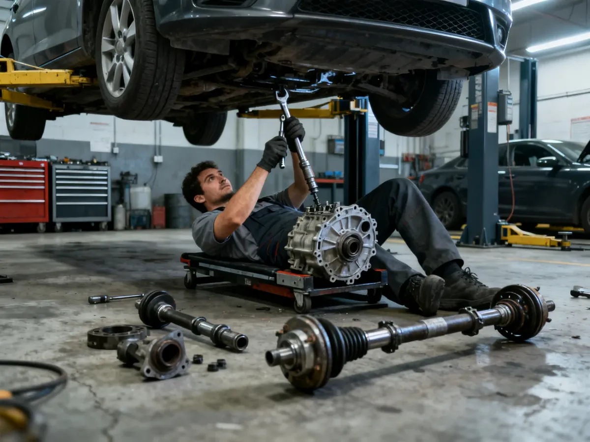 Mechanik demontujący skrzynię biegów w samochodzie podczas wymiany sprzęgła