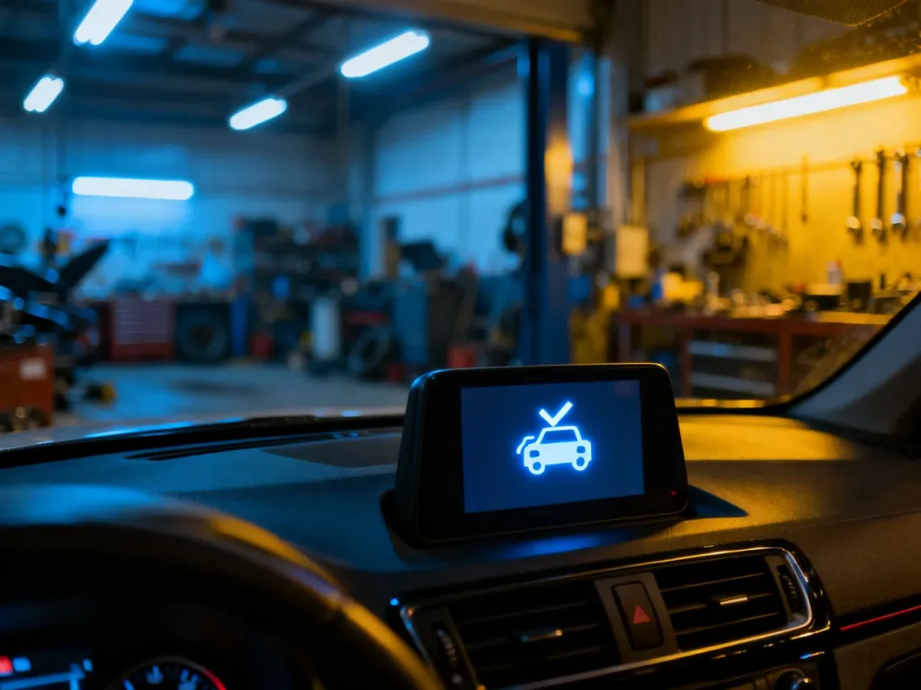 Świecąca kontrolka „check engine” na desce rozdzielczej samochodu w tle warsztatu samochodowego.