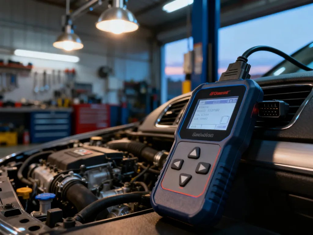 Nowoczesny skaner diagnostyczny OBD2 podłączony do gniazda w samochodzie podczas profesjonalnej diagnostyki komputerowej.