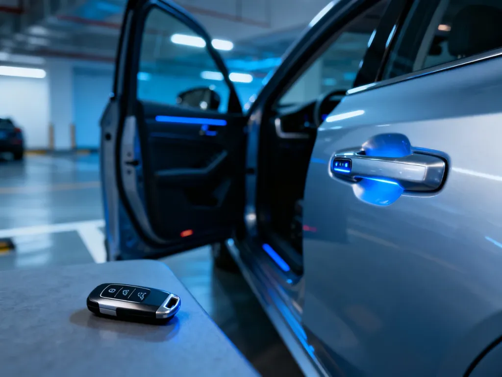 Nowoczesny samochód z podświetlaną klamką i kluczykiem typu smart key, ilustrujący działanie systemu bezkluczykowego.