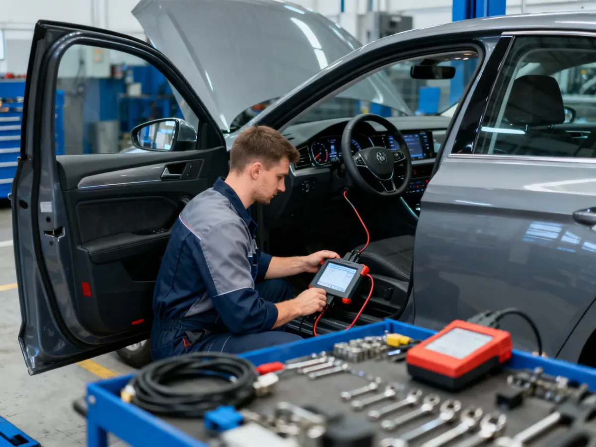Mechanik podłącza tester diagnostyczny do samochodu w warsztacie