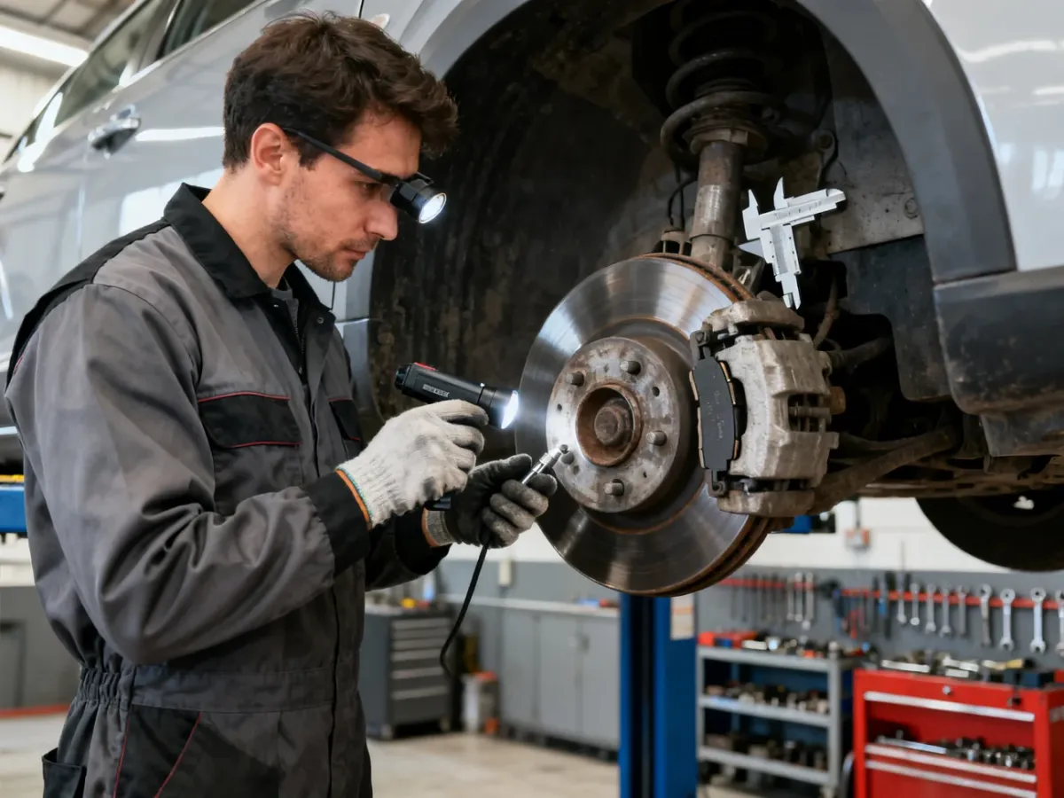 Mechanik wykonujący kontrolę układu hamulcowego samochodu
