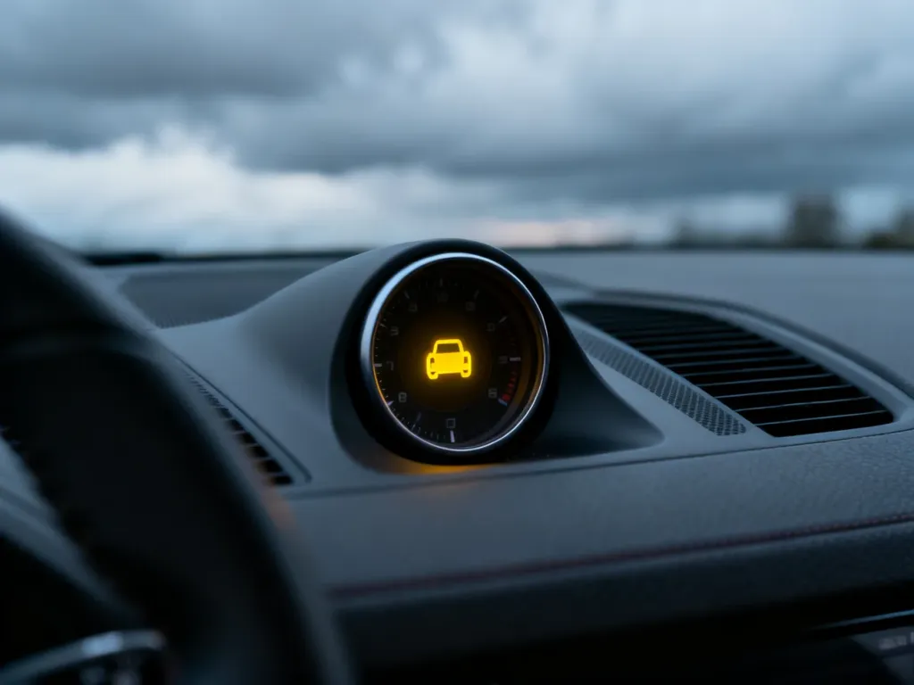Świecąca żółta kontrolka „check engine” na desce rozdzielczej nowoczesnego samochodu.