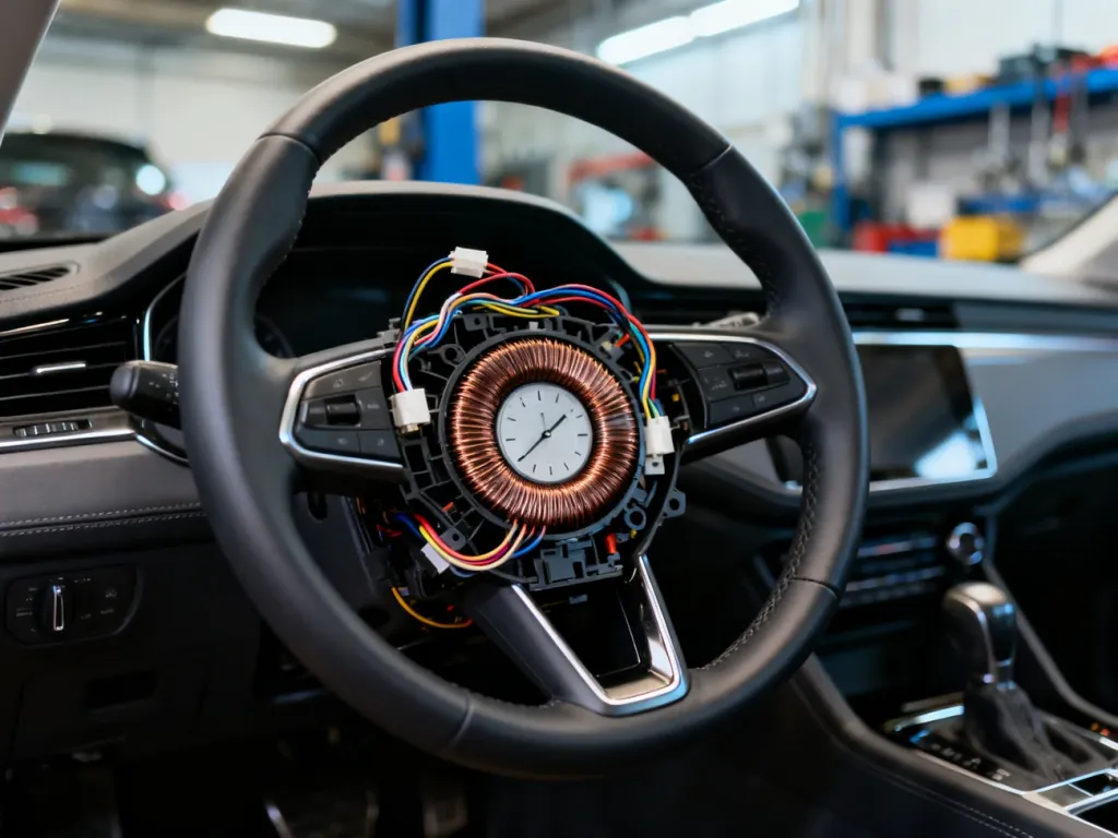 Zbliżenie na mechanizm taśmy kierownicy oraz przewody elektryczne wewnątrz kolumny kierowniczej samochodu.