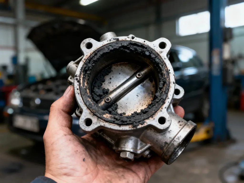 Mechanik trzymający w dłoni mocno zabrudzoną i uszkodzoną przepustnicę samochodową z widocznym osadem węglowym.