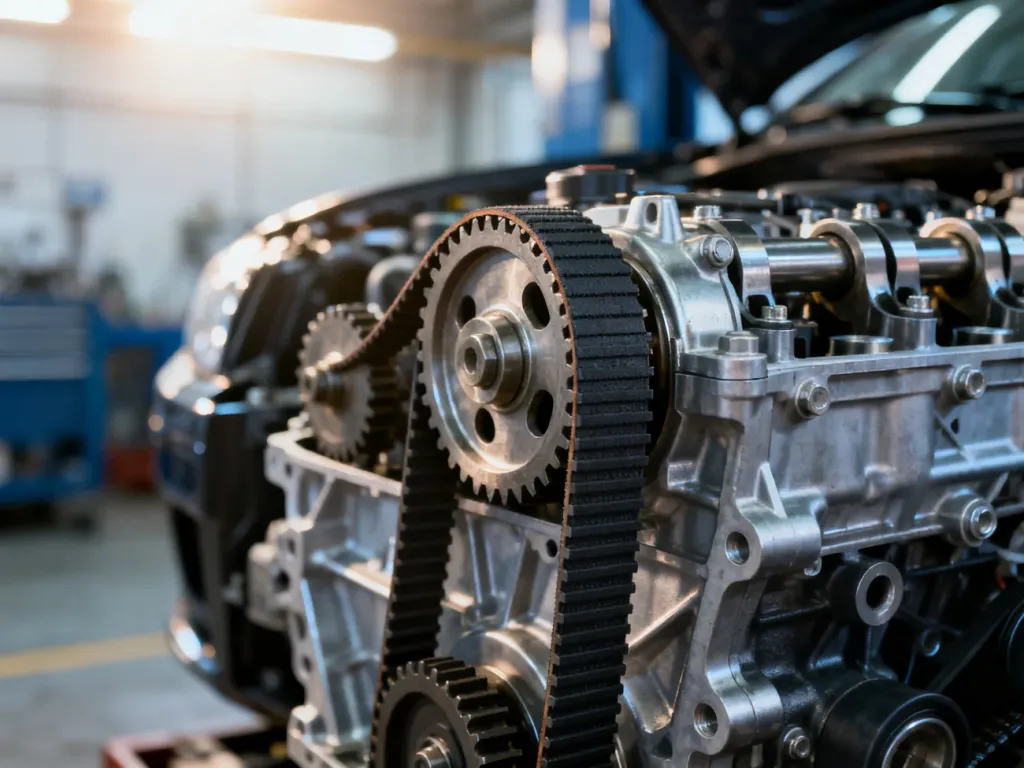 Zbliżenie na pasek rozrządu w nowoczesnym silniku samochodowym, ukazujące detale mechaniczne i strukturę paska.
